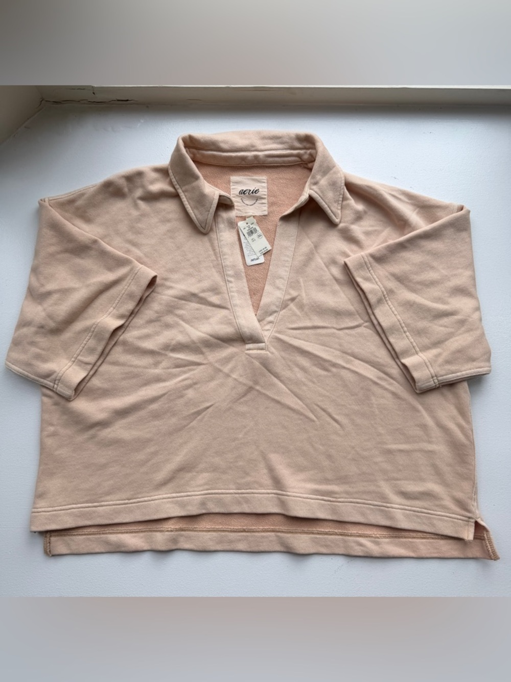 Aerie Beige Cropped Polo NWT Boxy Fit Neutral Athleisure Loungewear Large